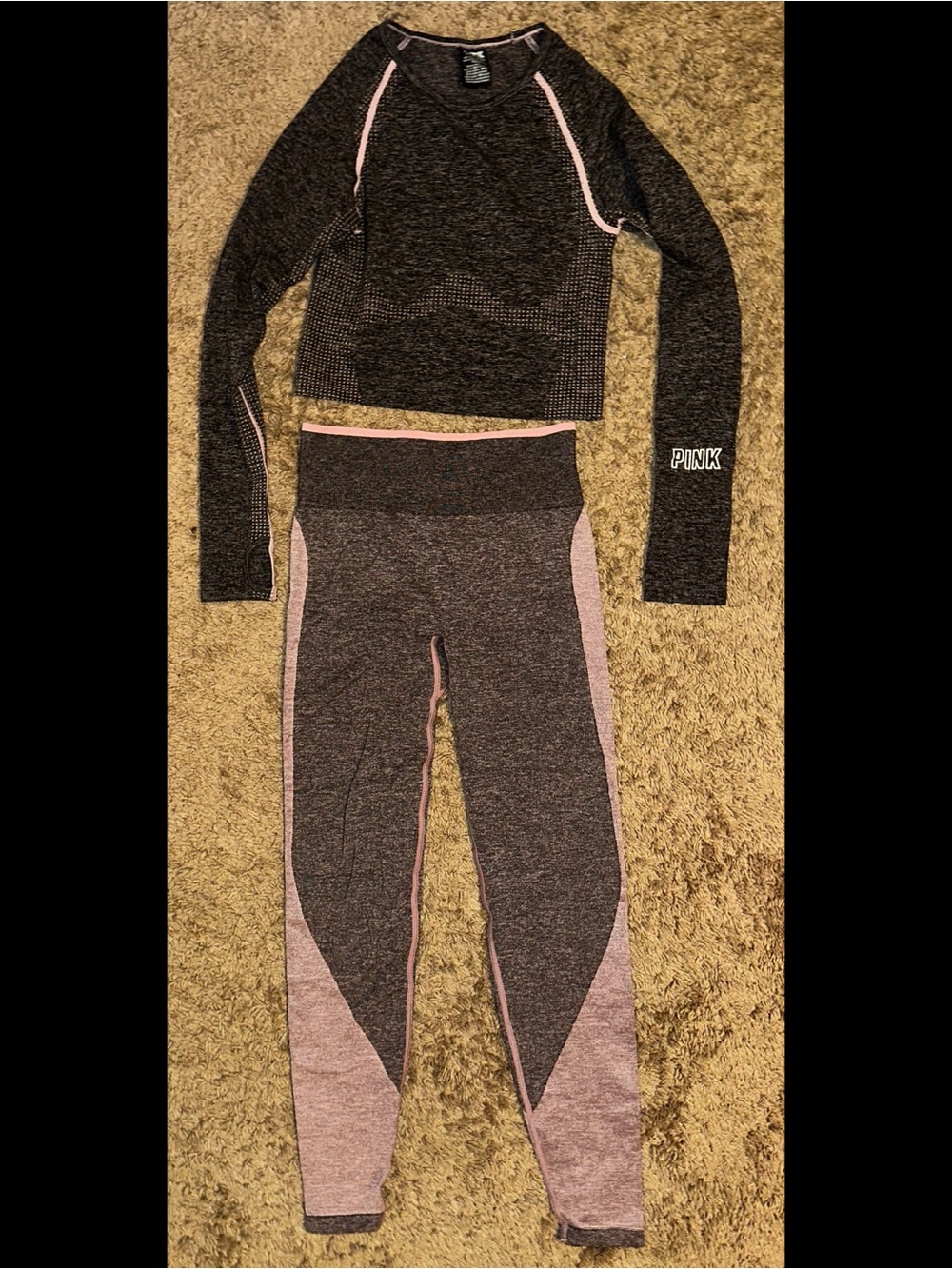 PINK Victoria's Secret Ombré Seamless Top Heart Leggings Set Pink & Gray Small